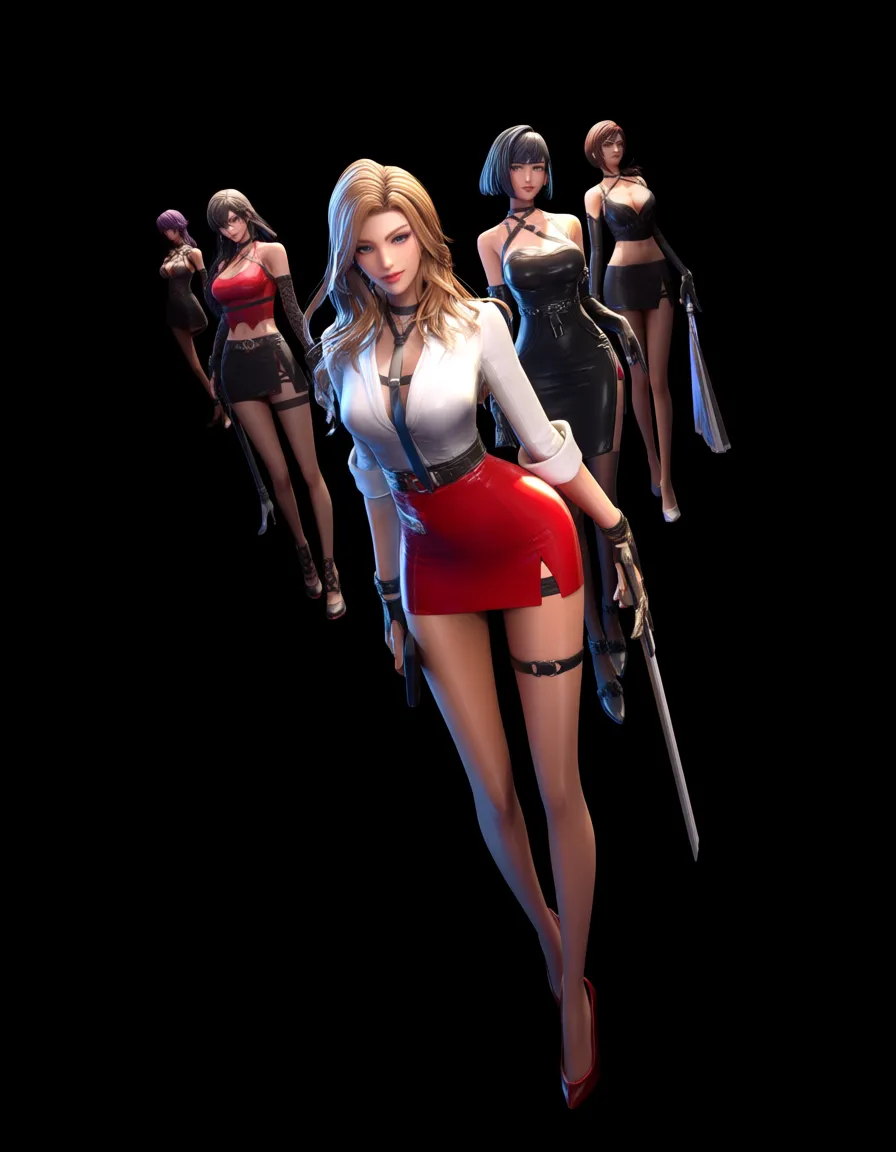ultra detailed shading, 6+girls, skirt, bondage, confident gaze, dutch angle, hentai style, score_9, score_8, 3d render, octane render, subsurface scattering, ray tracing, smooth shading