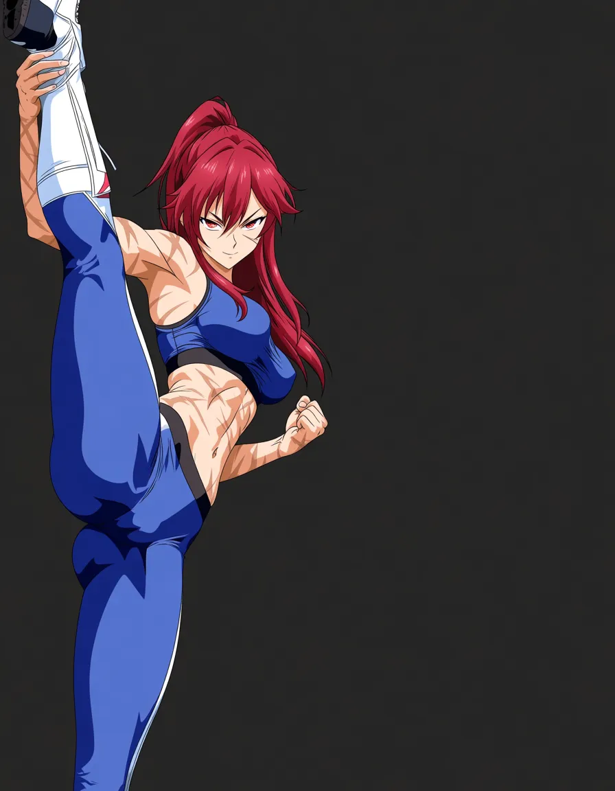 masterpiece, fine detail, fitness model, scar, boots, leg up, smoldering look, explicit anime render, (anime style:1.3), 2d, anime screencap, cel shading, flat color, @00osamio00