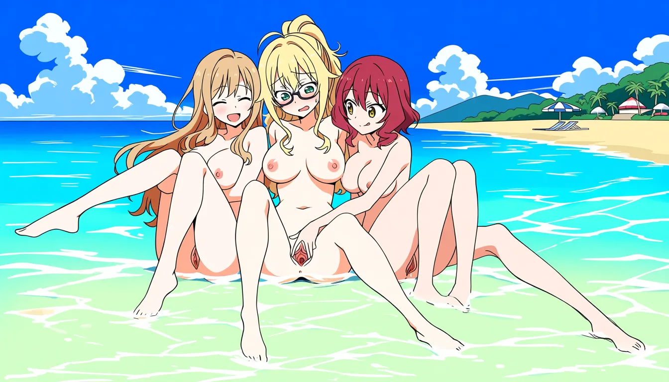 three girls, 20 years old, blonde, red and brunette, wavy hair, one with glasses are playing nude with their male friend with boner. open pussies, wet, smile, beach resort