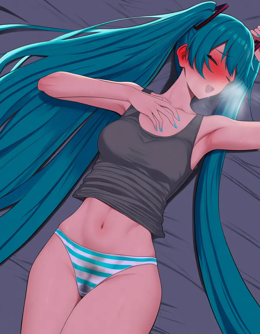 hatsune miku, slender body, striped_panties, full-face_blush, armpits, wet spot on panties, heavy_breathing, lying on bed, shy face, hentai_studio_quality, hentai_studio_quality