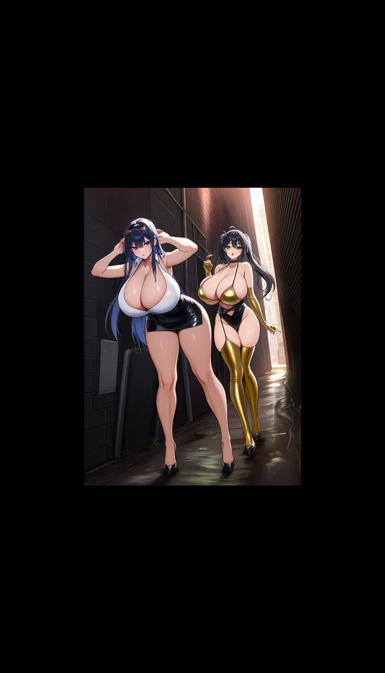 2girls. Gyaru. Gyaru style clothes sexy. gigantic breasts. chubby Sexy. Prostitution. Gyaru style makeup. Put on gold rubber stockings. Standing in a dirty area in a back alley of the city., hentai_studio_quality