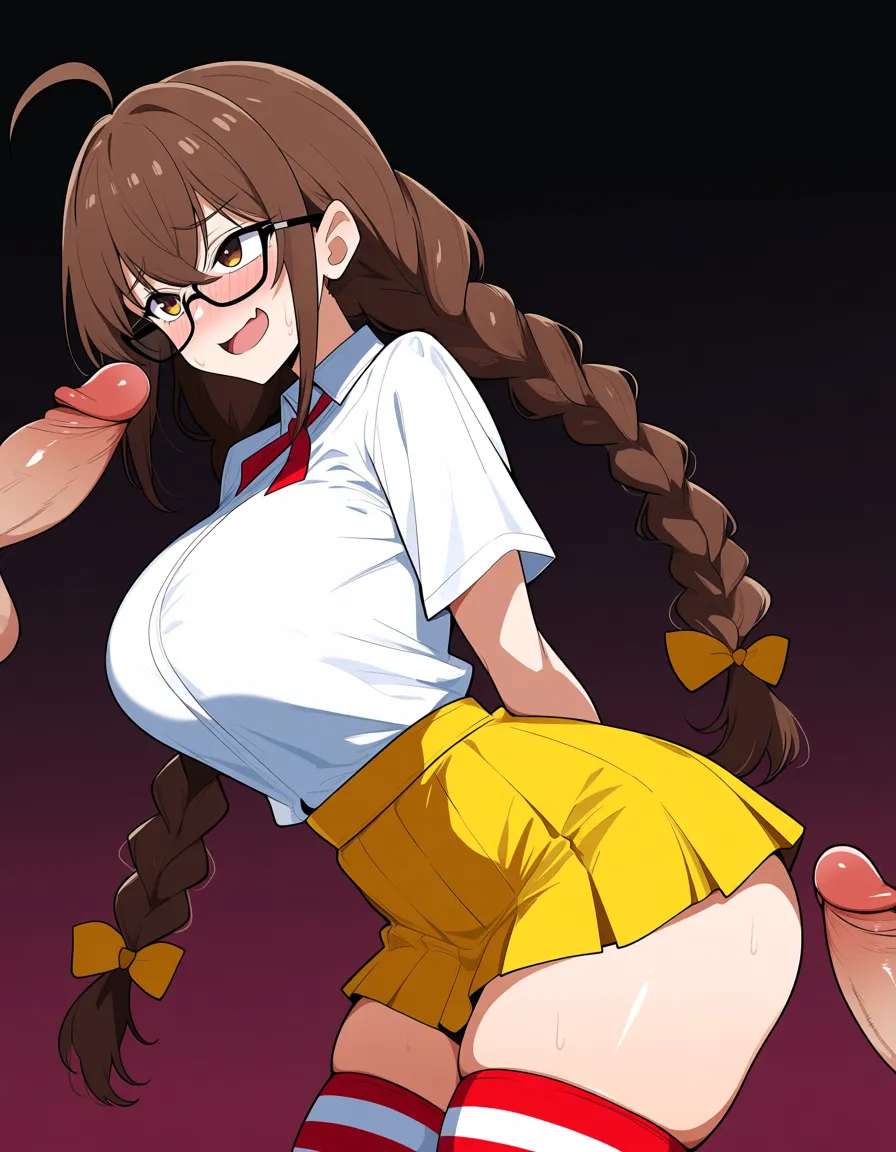 masterpiece, best quality, solo focus, , explicit anime. rabbit_ears long_hair twin_braids braids brown_hair glasses white_shirt red_tie yellow_skirt striped_red_and_white_thighhighs, hentai_studio_quality standing busty lewd_face, hentai_studio_quality, hentai_studio_quality