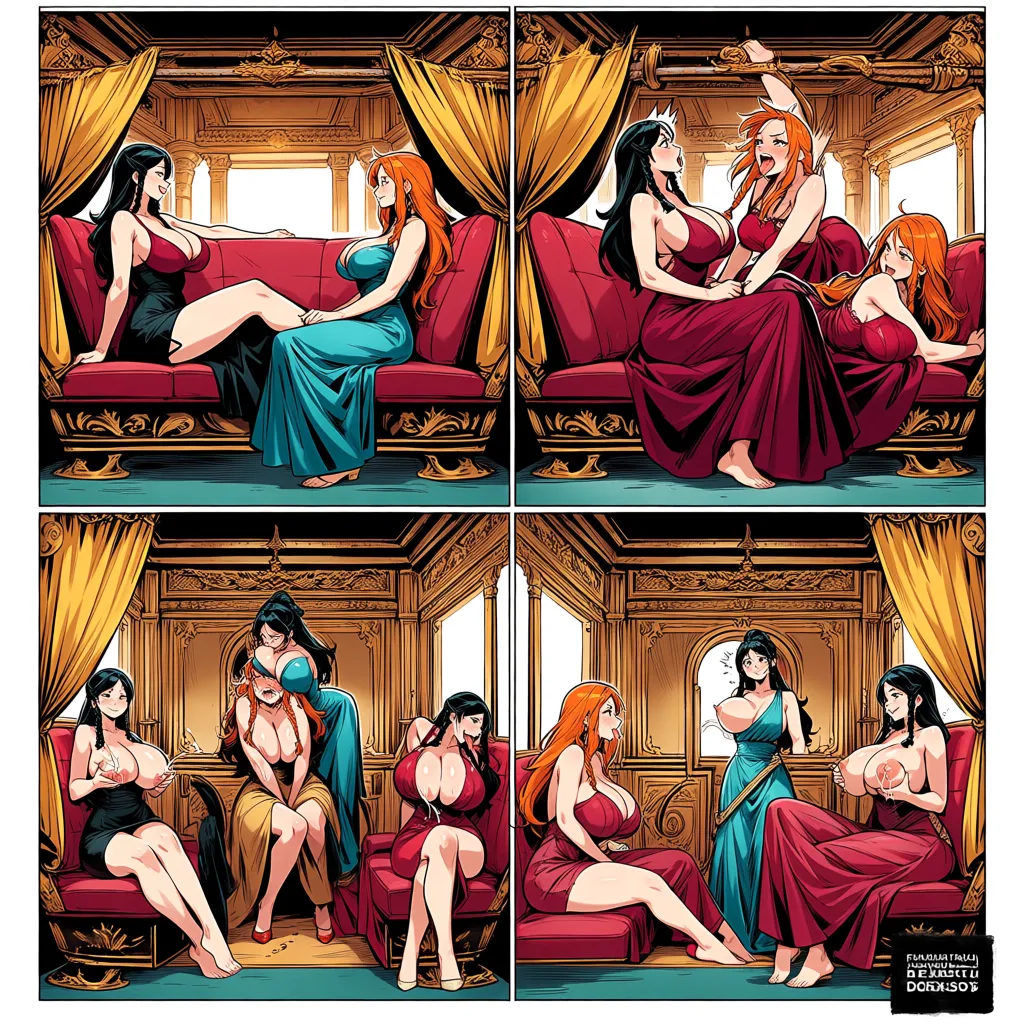 refined detailed pixiv artstyle, vibrant and colorful, fantasy ancient rome setting, inside a royal carriage, lactating human female, smug, surprised, eye contact, ripped_dress, barefoot and feetsoles, bouncing_breasts, silent_comic, deepthroat with tongue, multiple_views, fellatio , bobbing head, orange_hair, twin_braids