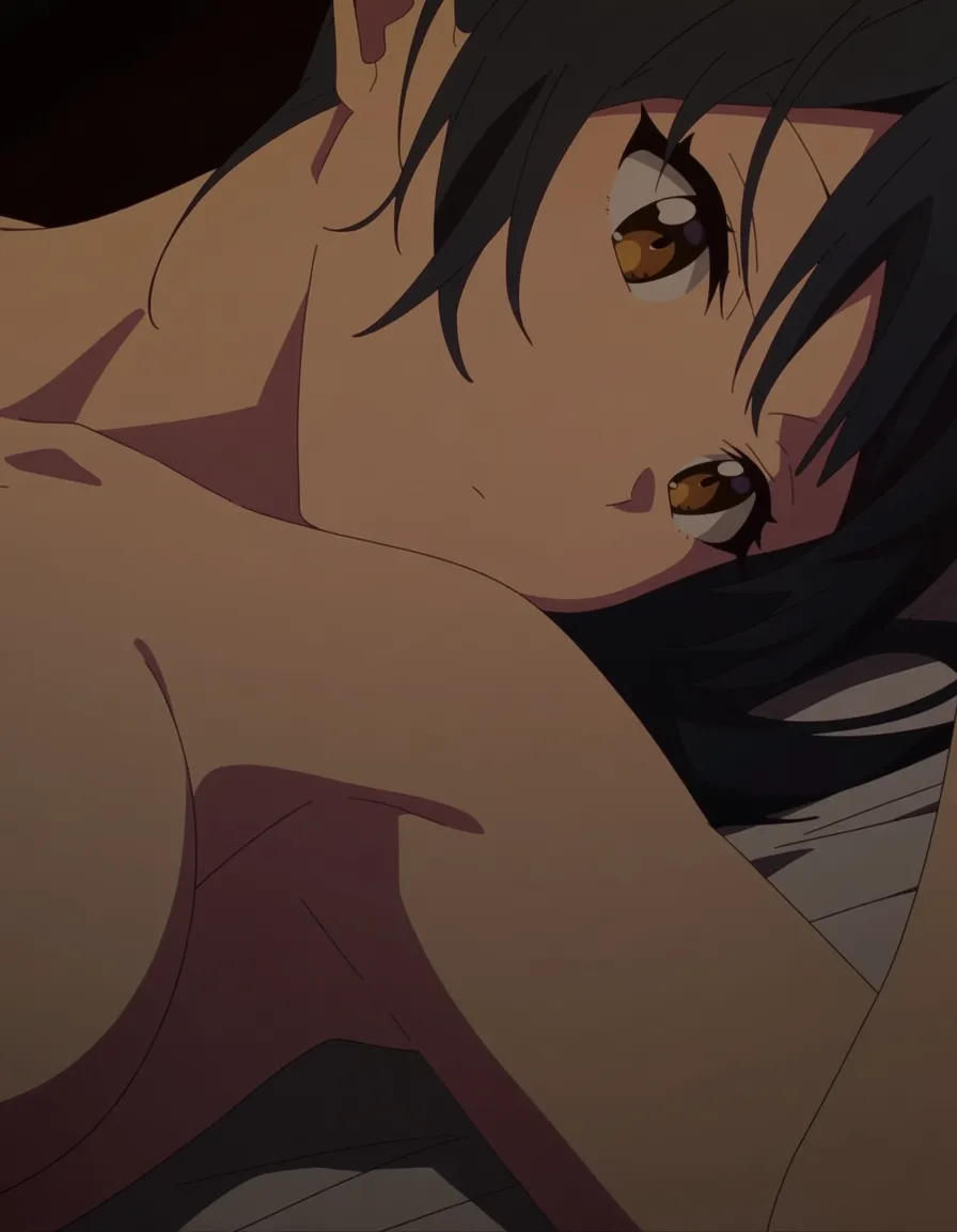 18 year old who is light brown laying down on bed. Has a apperance and has black hair and brown eyes. medium_breasts medium_bum, (anime style:1.3), 2d, anime screencap, cel shading, flat color