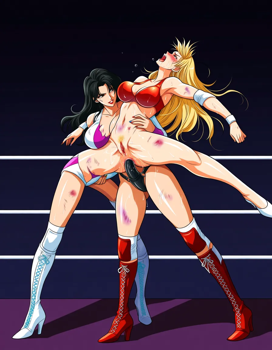 @blake_belladonna , @sailor_saturn_short_hair, 2girls yuri sex , wrestling_ring, wrestling orgasm pussy_juice, defeated, squirting , bruised, sweat strap-on anal reverse_suspended_congress, standing_sex spread_legs lifted from_side torn_clothes naughty_face,,, hentai_studio_quality, hentai_studio_quality