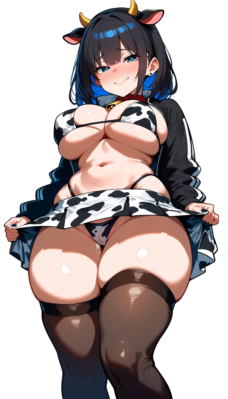 on_stomach vaginal cum_in_pussy huge_breasts huge_ass thick_thighs thighhighs narrow_waist wide_hips cow_print bikini miniskirt