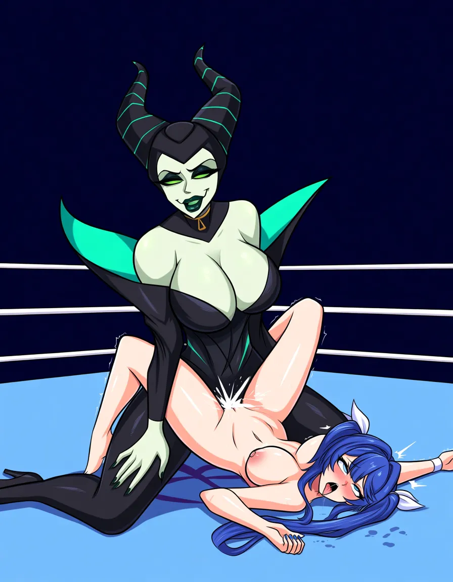 2girls , maleficent , bao_the_whale_(vtuber) blue_hair , wrestling , wrestling_ring , catfight , strapless , orgasm , ahegao , yuri , sex, pussy_juice, defeated , nude, on_stomach ,pronebone, squirting, hentai_studio_quality, hentai_studio_quality