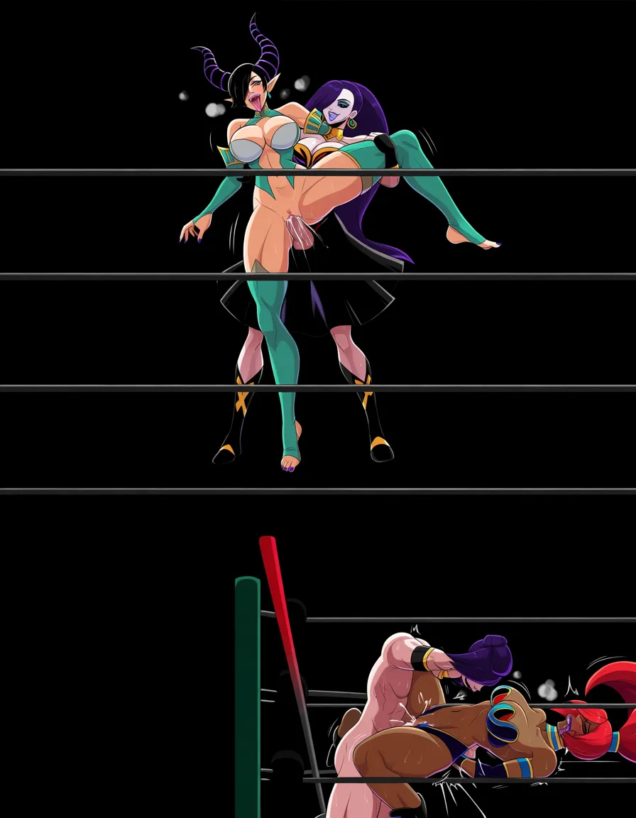 2girls , maleficent , urbosa , wrestling , wrestling_ring , catfight , strapless , orgasm , ahegao , yuri , sex, pussy_juice, defeated , struggle, hentai_studio_quality