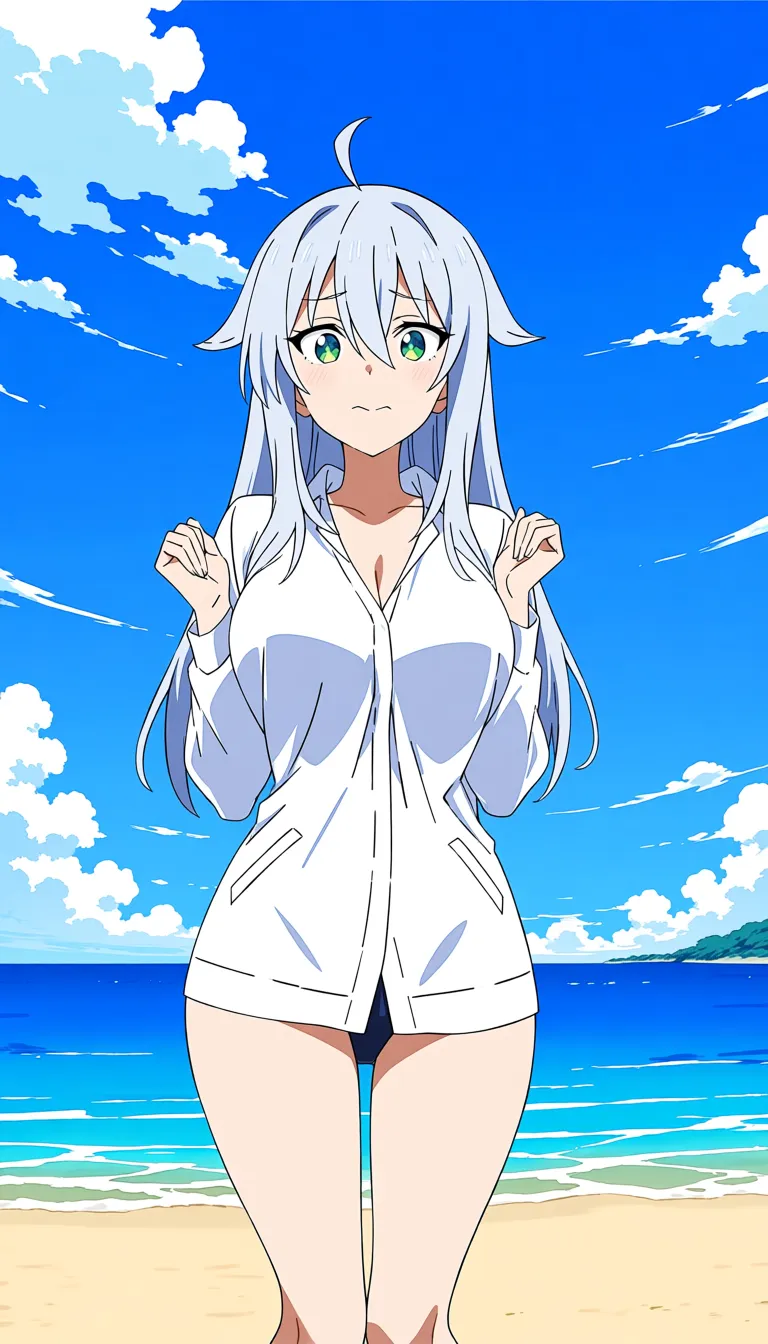 highres, sharp lines, milf, cowgirl position, hands up, long sleeves, ocean, studio anime look