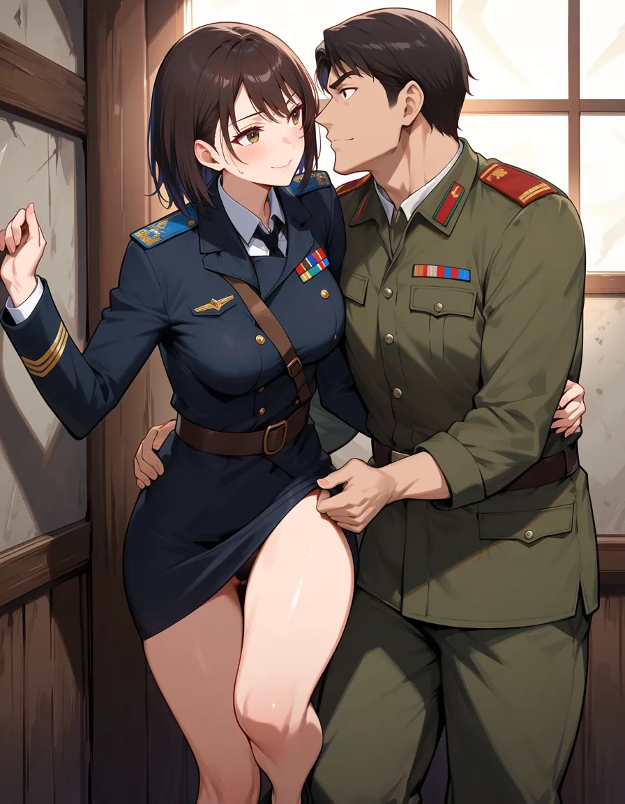 best quality, polished, couple, leg up, bare legs, military, anime style, hentai_studio_quality