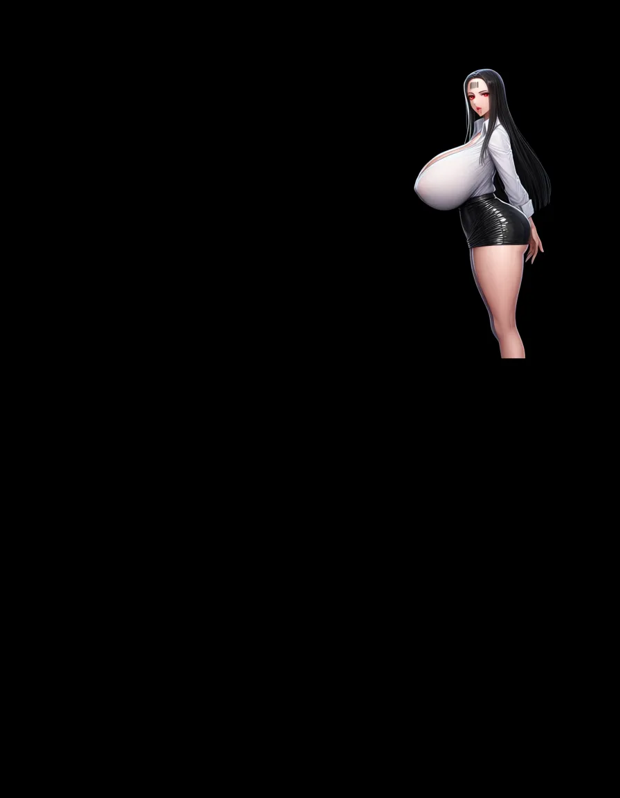 mechanical arms and legs robotic nude woman (white shirt, black leather miniskirt, long black fringe hair, makeup, red_eyes, big lips, connected_collar, barcode tattoo on her forehead, gigantic huge breasts, thick_thighs, standing SEX, hidden dildos in her ass, expressionless, looking_afar, drooling), first person view from behind sex. BREAK : in a office room, realistic., hentai_studio_quality