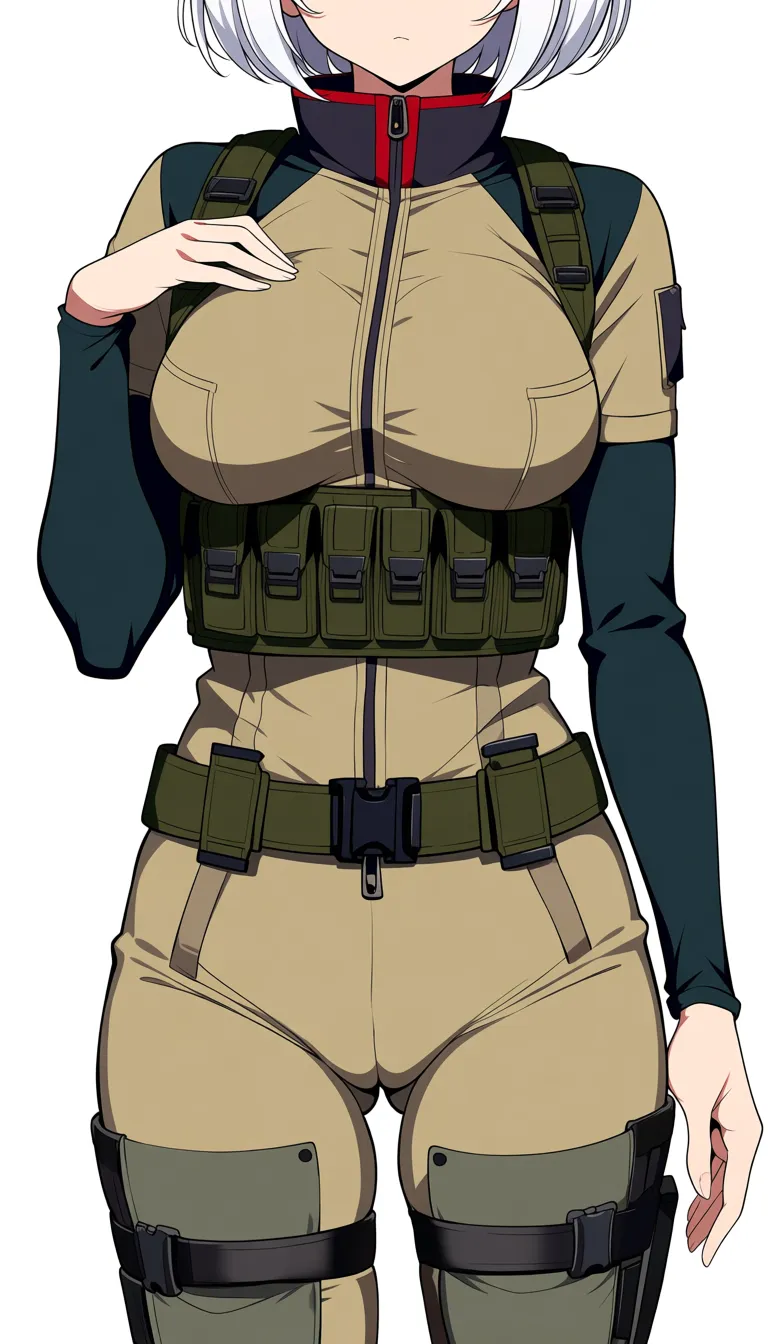 masterpiece, fine detail, Anime Female With Short bob cut White hair, medium Breasts, Green Eyes, Cheeky Face, hand on breast, Taunting, hourglass body, Sand colour detailed closed combat gear outfit, no military set, no helmet, Pants, cameltoe, village surroundings background, desert biome, eroge aesthetics, no military set,· Base: Form-fitting khaki tactical jumpsuit with a front zipper. · Sleeves: Two-toned with dark green/black fitted forearms. · Chest: Olive-drab chest rig with shoulder straps and a row of six utility pouches. · Waist & Thighs: Dark green tactical belt with black buckles, connected by horizontal straps wrapping around the upper thighs. · Extras: High dark collar with red accents, and a rigid dark thigh plates on the Thighs., hentai_studio_quality, hentai_studio_quality, hentai_studio_quality