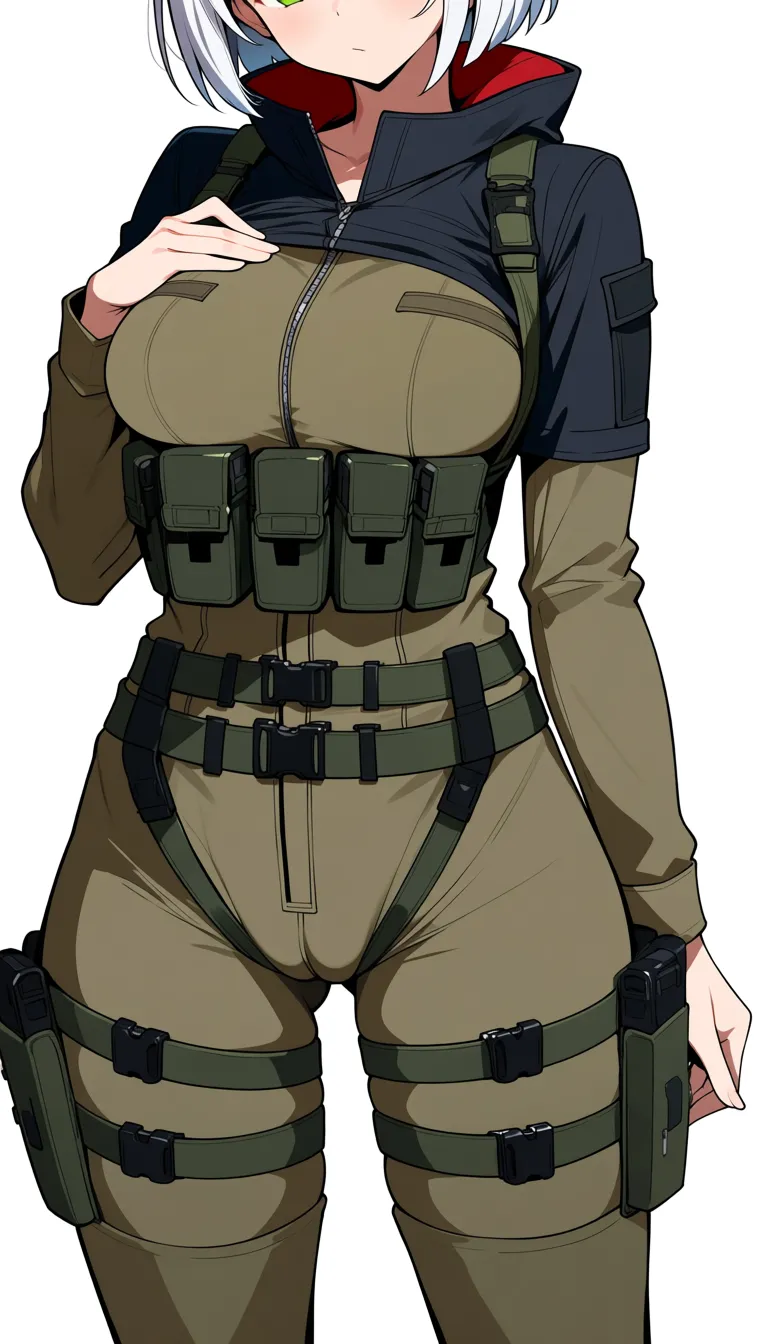 masterpiece, fine detail, Anime Female With Short bob cut White hair, medium Breasts, Green Eyes, Cheeky Face, hand on breast, Taunting, hourglass body, no military set, no military mood, no helmet, no gloves, Pants, cameltoe, village surroundings background, desert biome, eroge aesthetics, no military set,· Base: Form-fitting khaki tactical jumpsuit with a front zipper. · Sleeves: Two-toned with dark green/black lifted up. · Chest: Olive-drab chest rig with shoulder straps and a row of six utility pouches. · Waist & Thighs: Dark green tactical belt with black buckles, connected by horizontal straps wrapping around the upper thighs. · Extras: High dark collar with red accents, and a rigid dark thigh plates on the Thighs., hentai_studio_quality, hentai_studio_quality, hentai_studio_quality, hentai_studio_quality