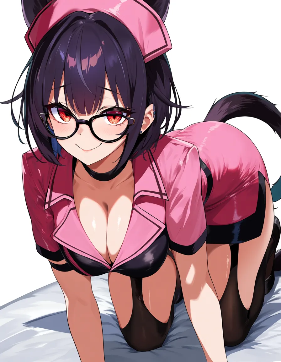 highres, vivid, nurse, glasses, tail, on all fours, eroge aesthetic, hentai_studio_quality