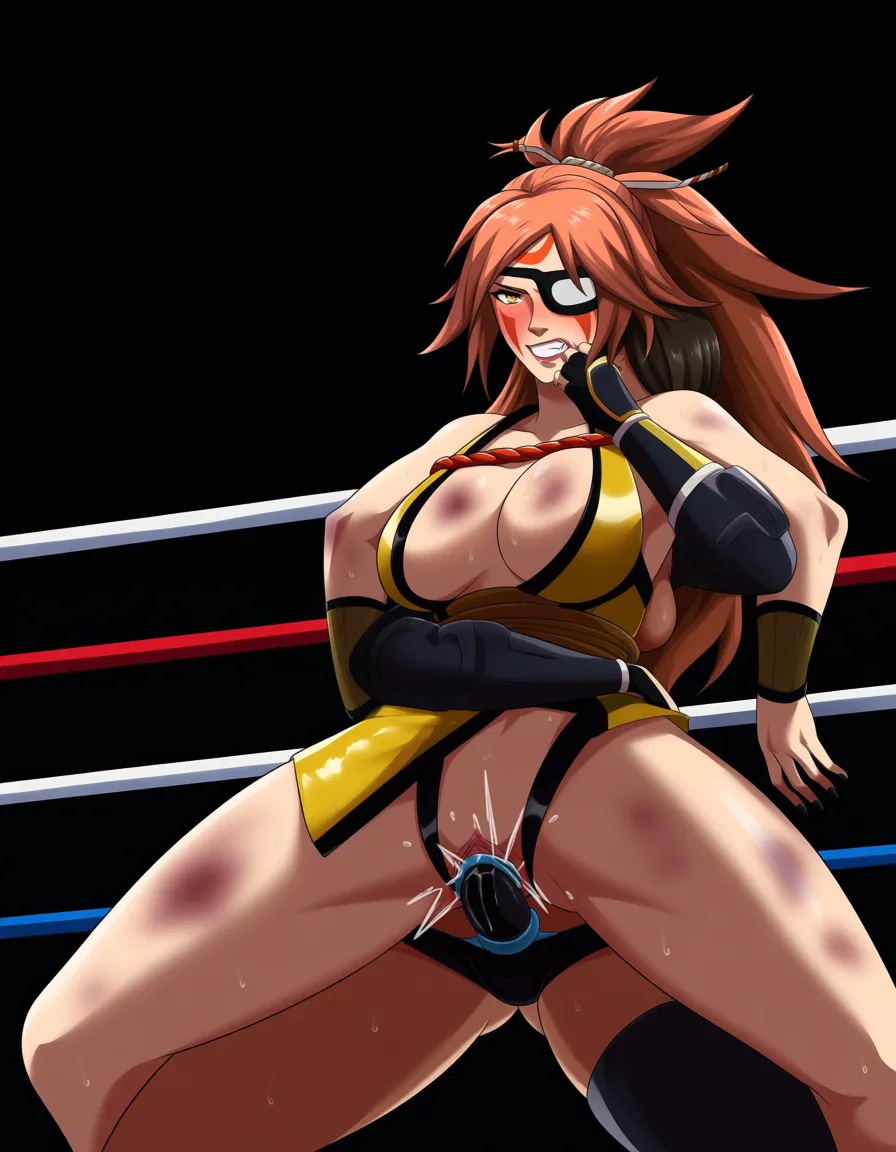 Baiken_(guilty_gear), sarah_kerrigan_(starcraft_2) , 2girls yuri sex , wrestling_ring, orgasm pussy_juice, defeated,, bruises, squirting strap-on vaginal_object_insertion,,, hentai_studio_quality, hentai_studio_quality, hentai_studio_quality