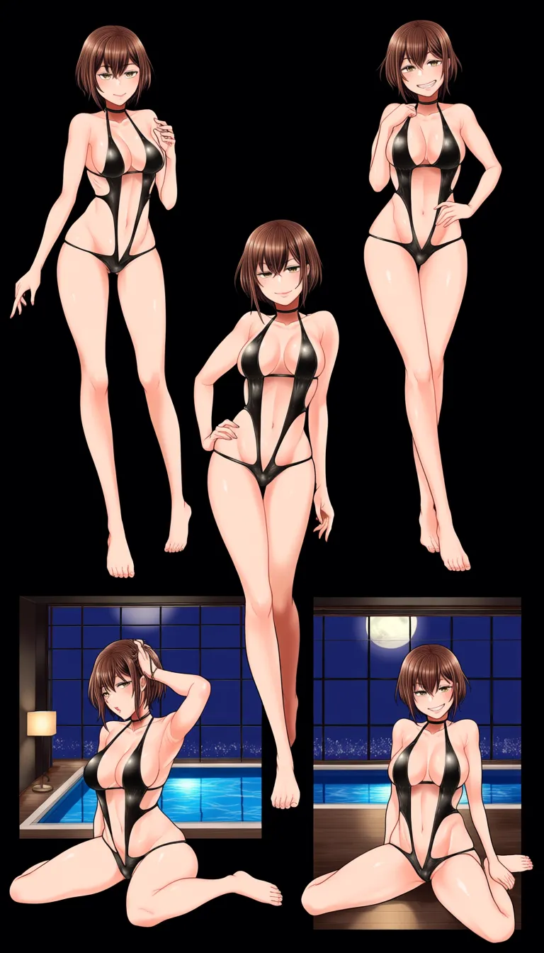 @uraraka_ochaco,18+ , brown_hair , short_hair, perfect body, medium_breasts , (black backless open sides  nylon see-through swimsuit: 1.3), volumetric light, night, night moon soft smooth dim light, seductive smile, wariza , background bedroom with big Panoramic window with pool outside, multiple_views, different body views, hentai_studio_quality
