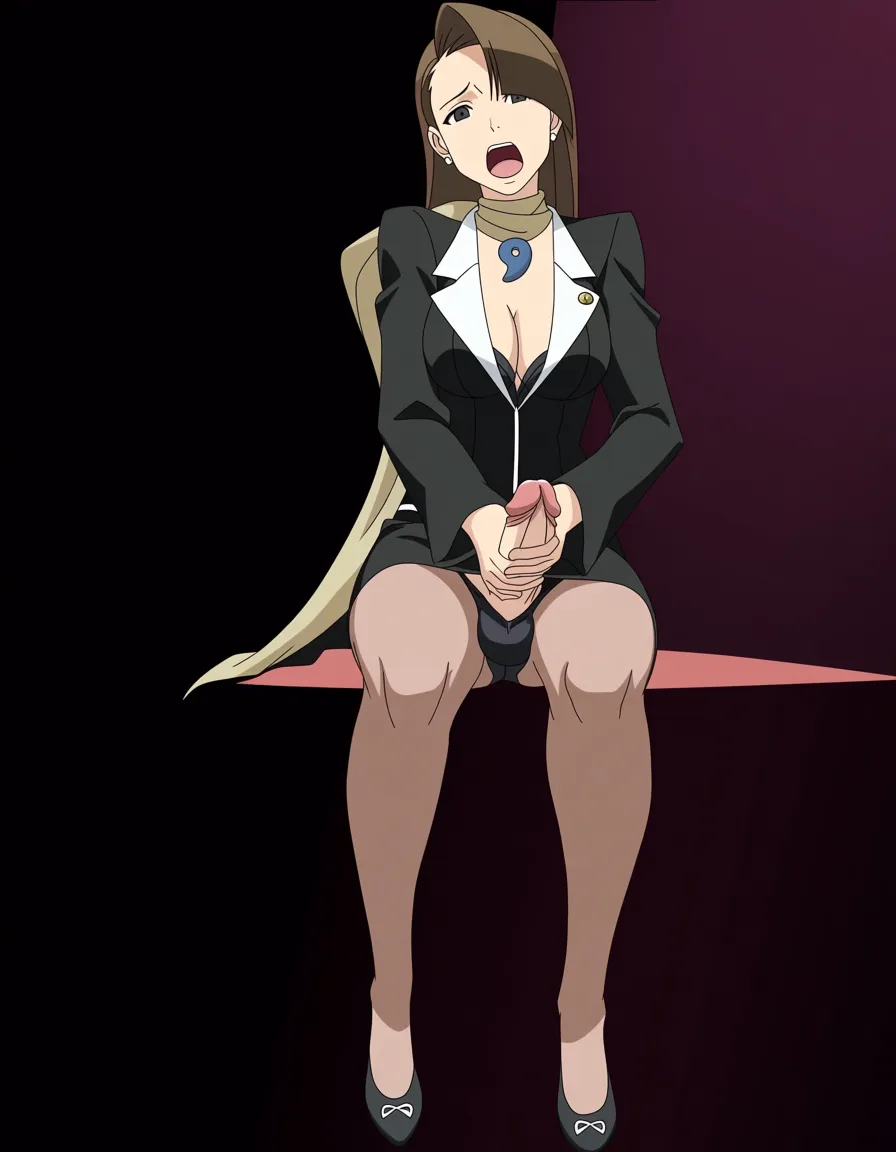 Mia Fey from Ace Attorney,
Full body, in clothed, futanari masturbation, (anime style:1.3), 2d, anime screencap, cel shading, flat color