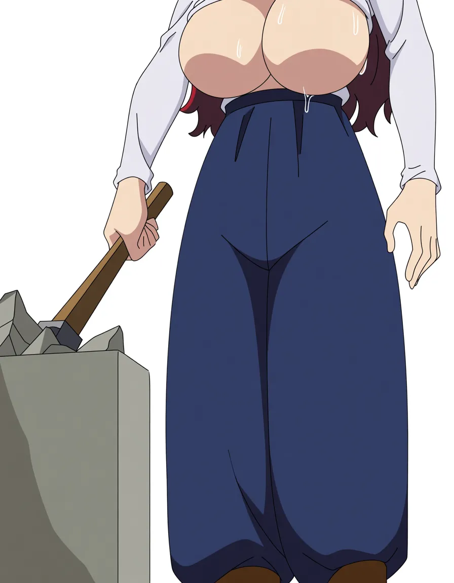 Nagi from the anime “Ruri Rocks”: Nagi is wearing her normal outfit of a long-sleeve white top, long blue pants, and brown boots. Her top is barely keeping her breasts inside.

Nagi is cracking open a rock with her hammer. As she does so, sweat drips down the swell of her breasts., (anime style:1.3), 2d, anime screencap, cel shading, flat color