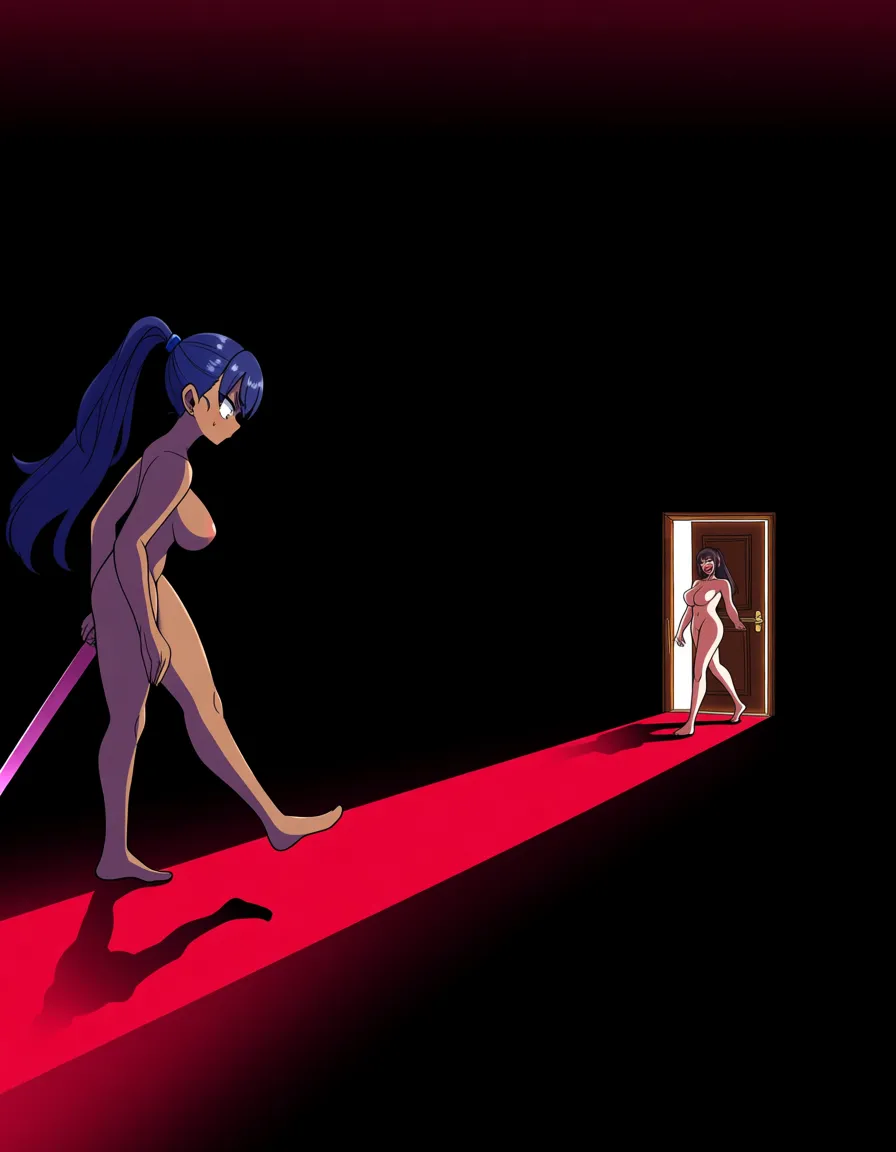 /masterpiece absurdres /ultra_detailed /best_lighting doujin_style 1boy 2girls size_difference dark-skinned_female ponytail nude futanari futa_penetrating_male  femdom full_body

background_character secondary_character female_in_background in_doorway walked_in_on wide-eyed netorare cuckhold female_cuckhold cuckquean, hentai_studio_quality