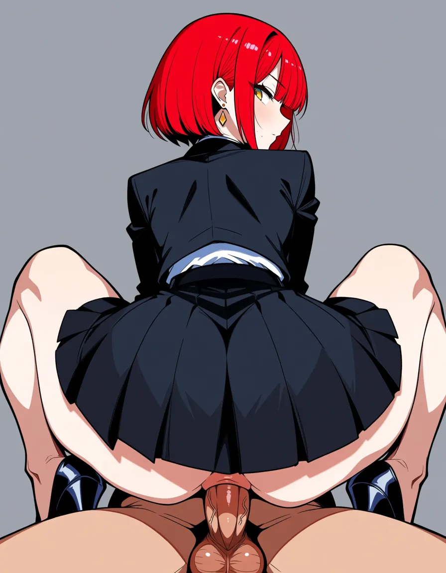 Highly detailed, sharp, 1boy , 1girl, squatting cowgirl position, sex, petite, high_heels, pleated_skirt, looking_back, testicles, short_hair, red_hair, hentai_studio_quality,, hentai_studio_quality