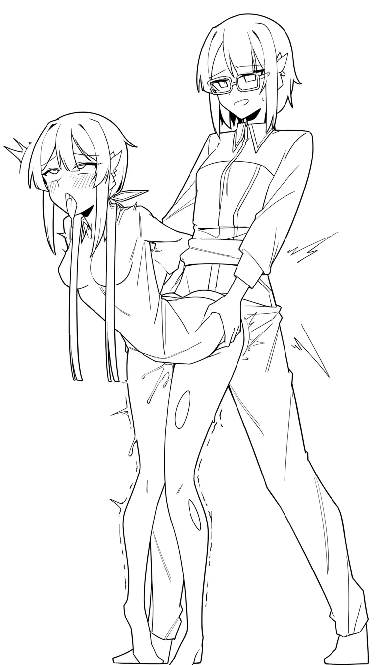 @hu_tao_(genshin_impact) , size_difference , glasses ,ripped_legging,standing_doggystyle , ahegao ,eyes_rolled_up,from_side , full_body, sex_from_behind,body_lifted