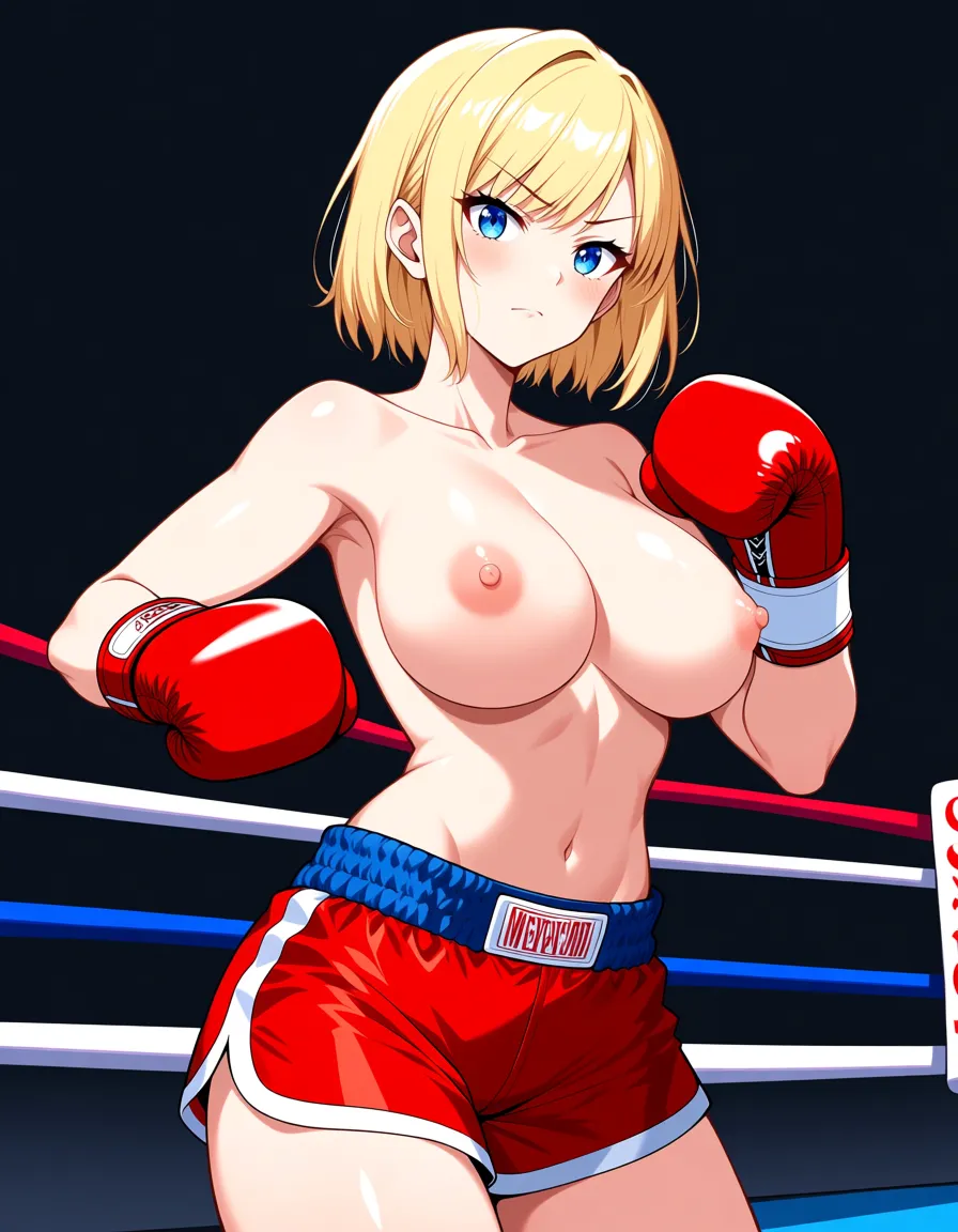 Caucasian, blonde, blue eyes, fair skin, large breasts, red boxing gloves, red boxing shorts,topless, nsfw, hentai_studio_quality