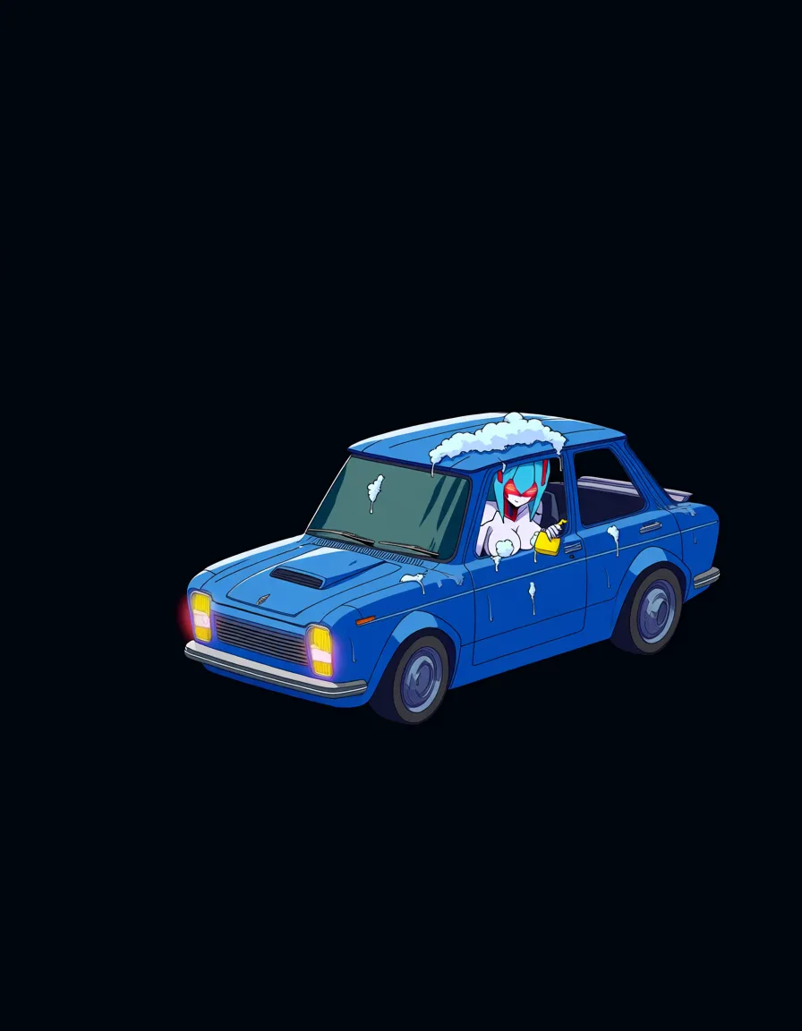 akairiot_artstyle, @hatsune_miku, 1girl, android, robot_girl, nude, naughty_face, full-face_blush, heart-shaped_pupils, wet, breasts, holding_sponge, full_body, BREAK, breast_press, breasts_on_glass, against_glass, car, car_interior, steering_wheel, windshield, window, washing_vehicle, car_wash, soap, soap_bubbles, water, BREAK, glowing, cyberpunk, science_fiction, (anime style:1.3), 2d, anime screencap, cel shading, flat color, @00osamio00