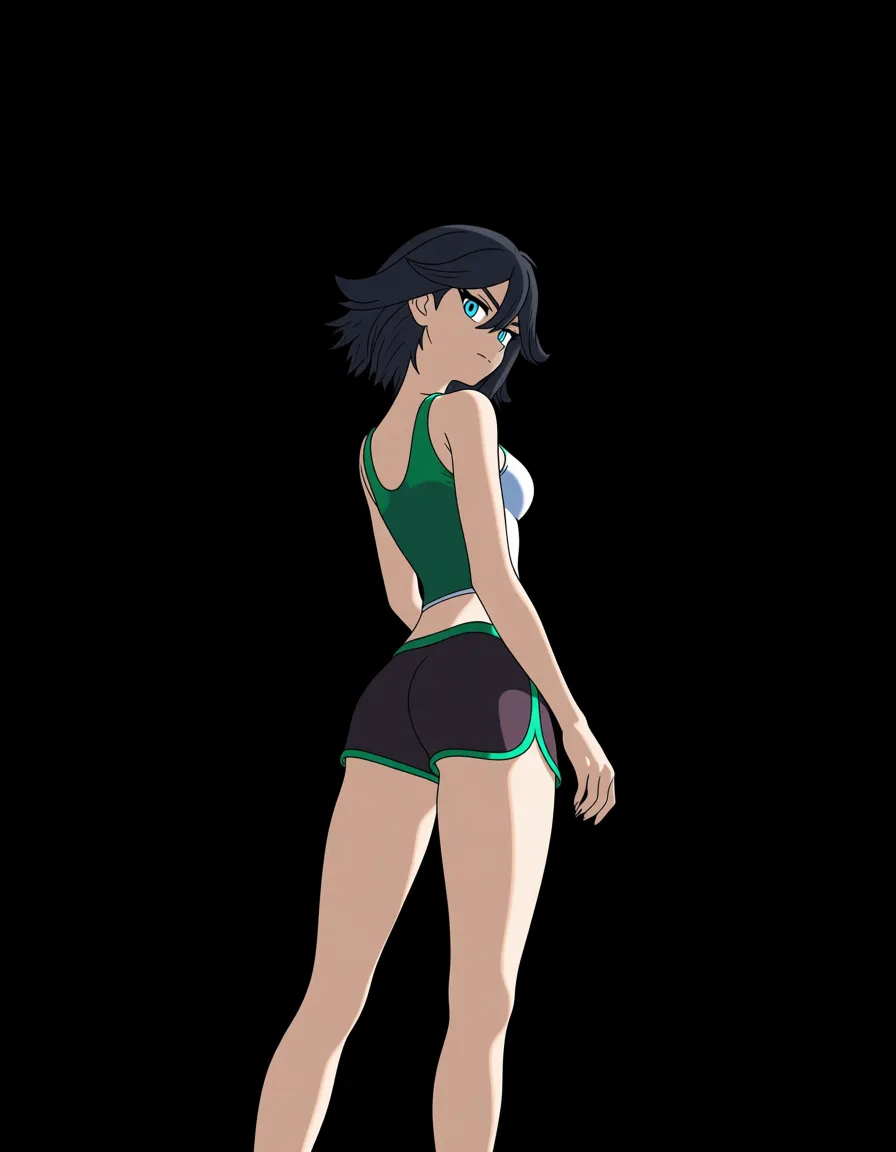 akairiot_artstyle, @sabrina_(pokemon), 1girl, solo, black_hair, ass, dolphin_shorts, black_shorts, from_behind, looking_back, looking_at_viewer, standing, (anime style:1.3), 2d, anime screencap, cel shading, flat color, @00osamio00