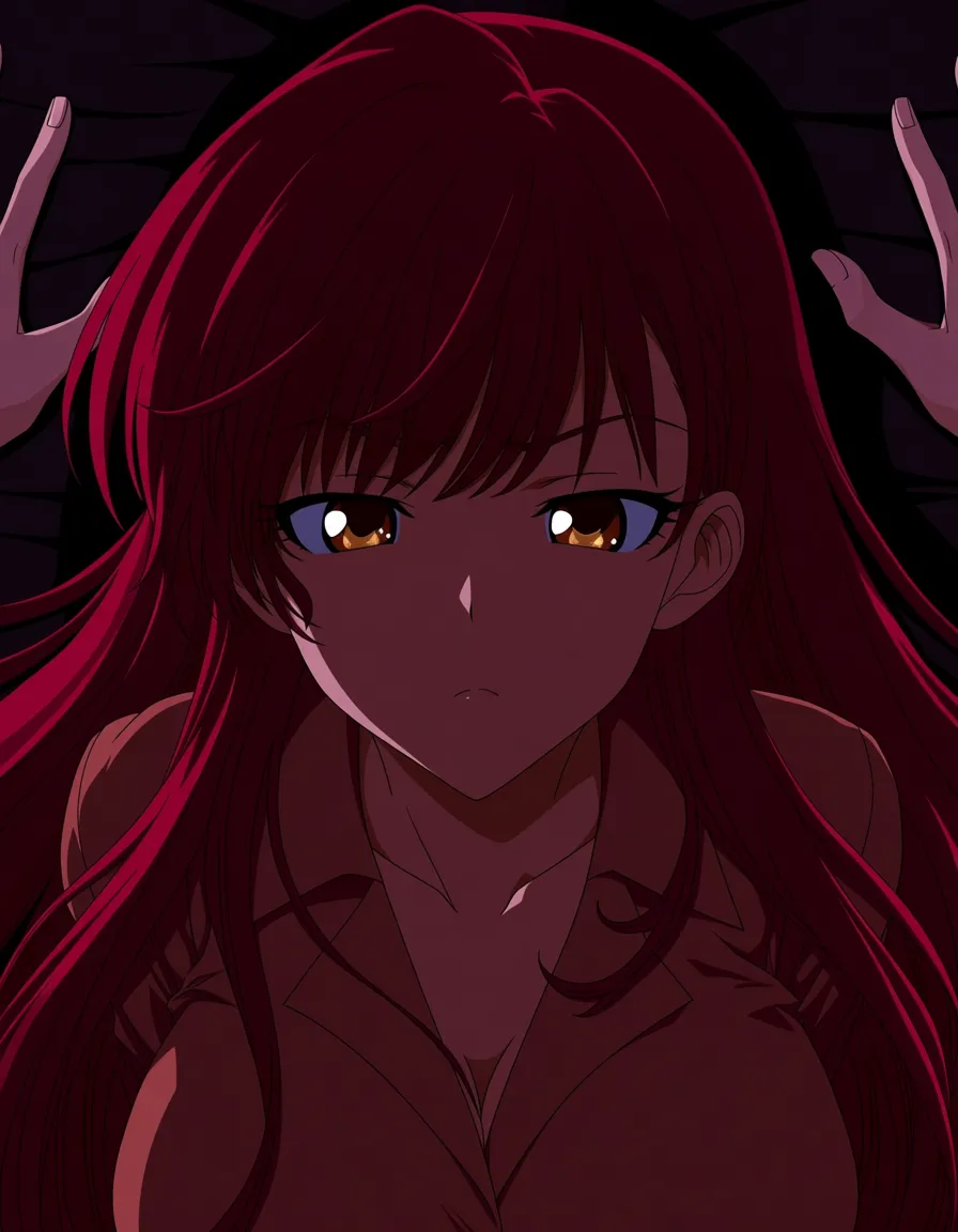 akairiot_artstyle, @ushiromiya_ange, 1girl, solo, red_hair, long_hair, large_breasts, frown, lying, on_back, on_bed, looking_at_viewer, eye_contact, pov, (anime style:1.3), 2d, anime screencap, cel shading, flat color, @00osamio00