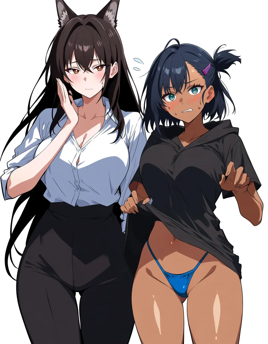 1otoko_no_ko, 2girls, dark-skinned_female, White_skined_Femboy, nervous, hentai_studio_quality, hentai_studio_quality, hentai_studio_quality