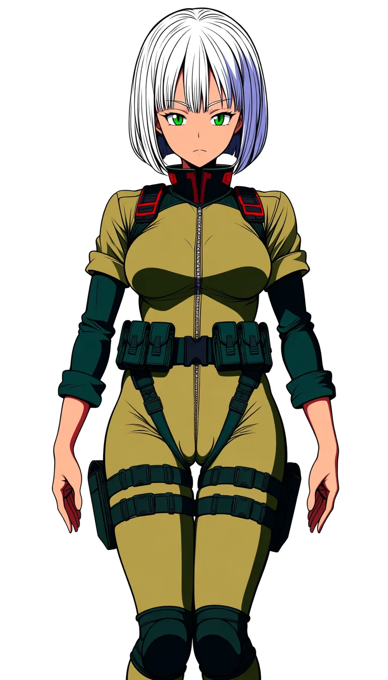 44 Masterpiece, natural perky medium breasts, look at viewer, fine detail, Anime Female With Short bob cut White hair, top cloth, medium Breasts, Green Eyes, Cheeky Face, legs together, half closed eyes, no helmet, Pants down, panties, no gloves, village surroundings background, desert biome, eroge aesthetics, legs up on air, cameltoe, legs together, · Base: Form-fitting khaki tactical jumpsuit with a front zipper. · Sleeves: Two-toned with dark green/black fitted forearms. The sleeves are rolled up. · Chest: Olive-drab chest rig with shoulder straps and a row of six utility pouches. · Waist & Thighs: Dark green tactical belt with black buckles, connected by horizontal straps wrapping around the upper thighs. · Extras: High dark collar with red accents, and a rigid dark thigh plates on the Thighs. ... single continuous shot, full widescreen view, one single image, uninterrupted scene, no borders, no panels, wide angle cinematic photograph, single perspective, edge-to-edge frame ... modern digital drawing style, clean monoline ink linework, flat cel shading with minimal soft gradients, vibrant color palette with high-contrast accent tones, minimalist geometric background elements, crisp vector-like finish, contemporary graphic illustration.,, hentai_studio_quality, hentai_studio_quality, hentai_studio_quality, hentai_studio_quality, hentai_studio_quality, hentai_studio_quality, hentai_studio_quality, hentai_studio_quality