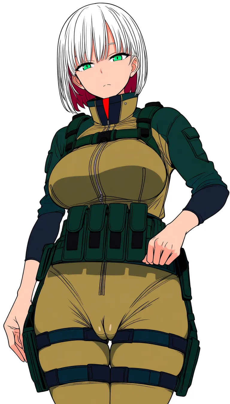 4 Masterpiece, natural perky medium breasts, look at viewer, fine detail,  pussy, Anime Female With Short bob cut White hair, top cloth, medium Breasts, Green and blue Eyes, Cheeky Face,  legs  together, half closed eyes,   no helmet, Pants down, panties down, , no gloves, village surroundings background, desert biome, eroge aesthetics, legs up on air, cameltoe, legs together,  · Base: Form-fitting khaki tactical jumpsuit with a front zipper. · Sleeves: Two-toned with dark green/black fitted forearms. The sleeves are rolled up. · Chest: Olive-drab chest rig with shoulder straps and a row of six utility pouches. · Waist & Thighs: Dark green tactical belt with black buckles, connected by horizontal straps wrapping around the upper thighs. · Extras: High dark collar with red accents, and a rigid dark thigh plates on the Thighs. ... single continuous shot, full widescreen view, one single image, uninterrupted scene, no borders, no panels, wide angle cinematic photograph, single perspective, edge-to-edge frame ... modern digital drawing style, clean monoline ink linework, flat cel shading with minimal soft gradients, vibrant color palette with high-contrast accent tones, minimalist geometric background elements, crisp vector-like finish, contemporary graphic illustration, hentai_studio_quality, hentai_studio_quality
