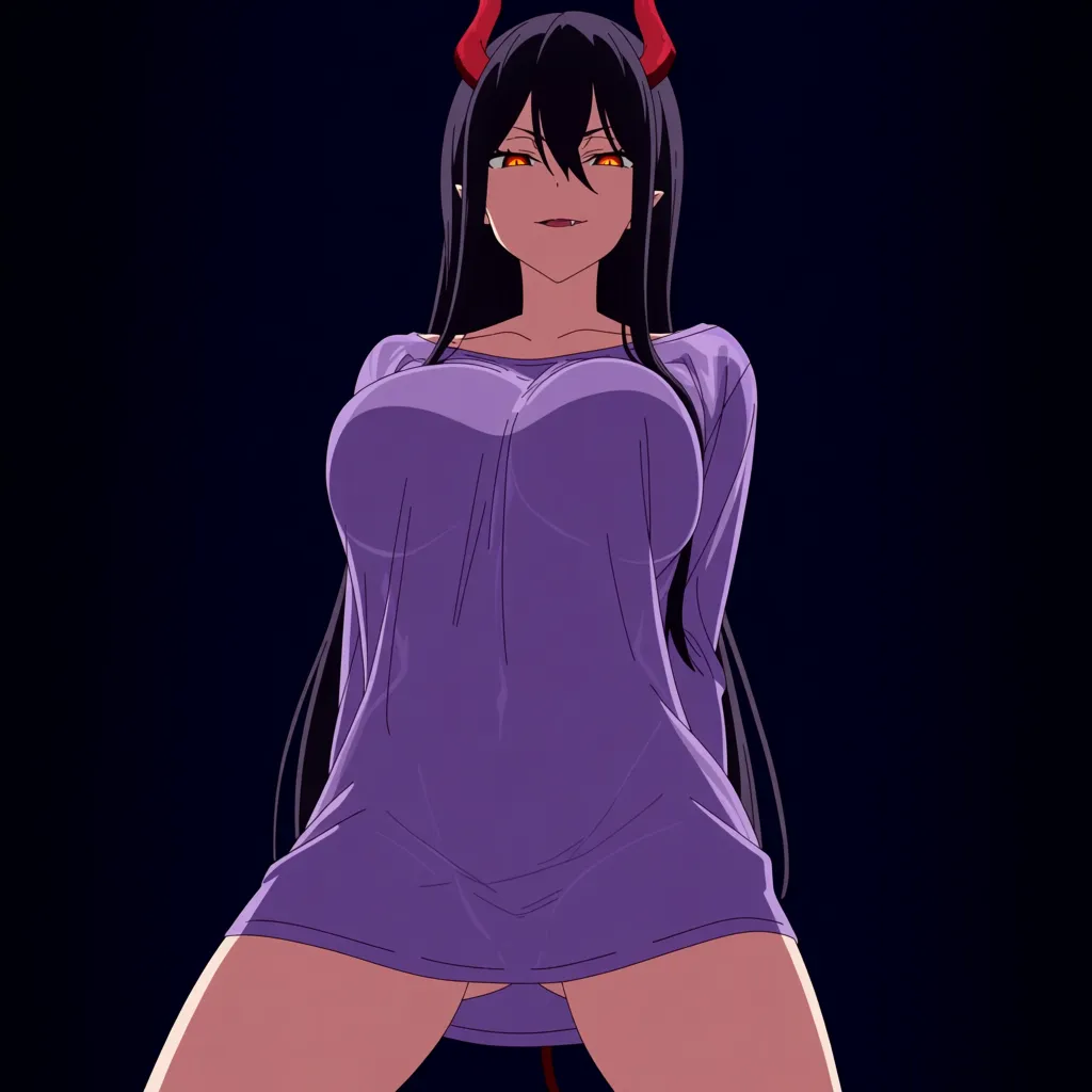 highres, vivid, demon girl, spread_legs ,see-through_shirt, doujin style, no_panties, evil_smile, femdom, (anime style:1.3), 2d, anime screencap, cel shading, flat color