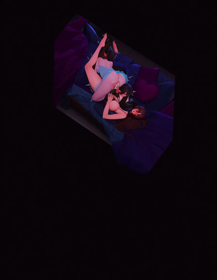 accurate_artstyle , 2 girls yuri sex , dominant alpha @shiori_novella , black lingerie , @nerissa_ravencroft , blue lingerie, cum, 69_position , on_back , girl_on_top , full_body, blush , ass licking , dark_bedroom , view from top , hentai_studio_quality, hentai_studio_quality, hentai_studio_quality, hentai_studio_quality, hentai_studio_quality, hentai_studio_quality