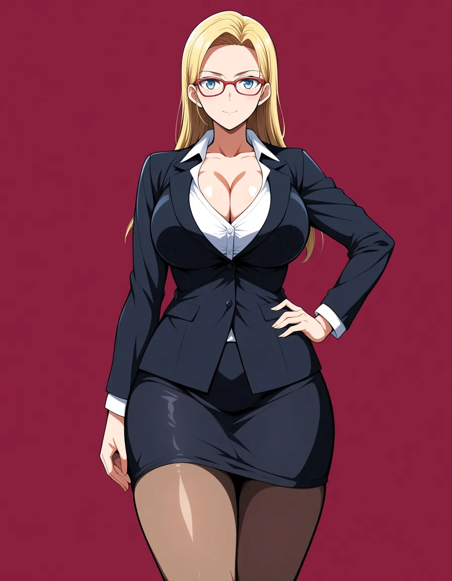 Female, blonde_hair, office_lady, large_breasts, tight_clothes, cleavage, hentai_studio_quality, glasses, wide_hips, thighs, pencil_skirt, black blouse, facing_viewer, hentai_studio_quality, hentai_studio_quality, hentai_studio_quality, hentai_studio_quality, hentai_studio_quality