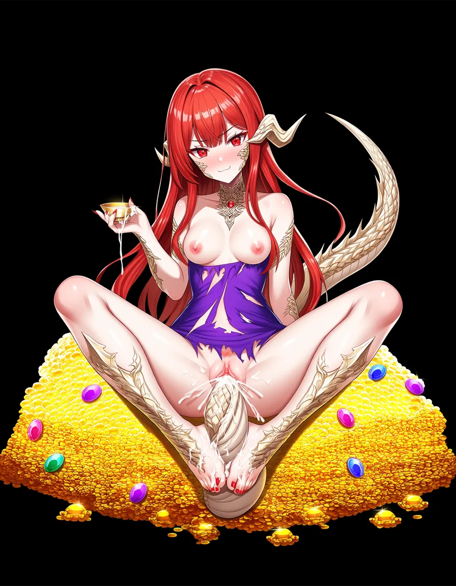 dragon_horns , dragon_tail, scales, human look, torn dress, gold-lactation, small_breasts, clitoris, open eyes, dials shaped eyes, red eyes, pale skin, hard cumming expression, female_masturbation with own tail in pussy, squirt, nipple_stimulation, 
cum on feet, footjob, nail_polish, toenail_polish , sitting on a pile of gold and jewels,, hentai_studio_quality