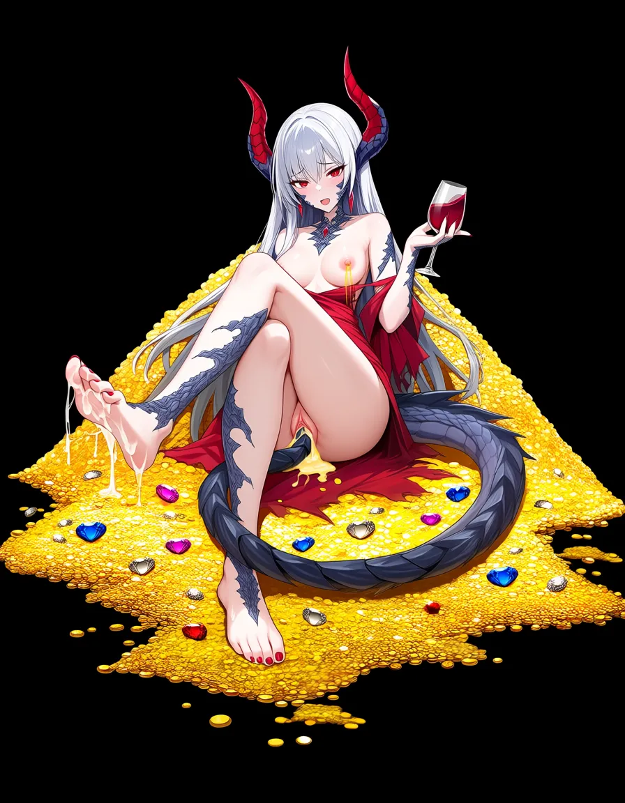 dragon_horns , dragon_tail, scales, human look, torn dress, gold-lactation, small_breasts, clitoris, open eyes, dials shaped eyes, red eyes, pale skin, hard cumming expression, female_masturbation with own tail in pussy, squirt, nipple_stimulation, 
cum on feet, footjob, nail_polish, holding a wine_glass with cumm toenail_polish , sitting on a pile of gold and jewels,, hentai_studio_quality