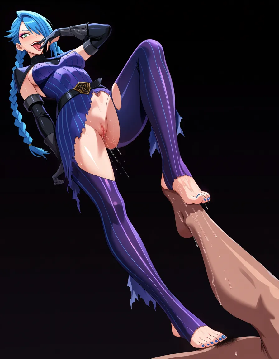 best quality, polished, Jinx Leage of Legends, blue hairm twin_braids torn_clothes, wet pussy, insane, toenail_polish, finger licking, ,feet, footjob, sweat, neon collored grafiti, dinner tabledetailed shading, hentai_studio_quality