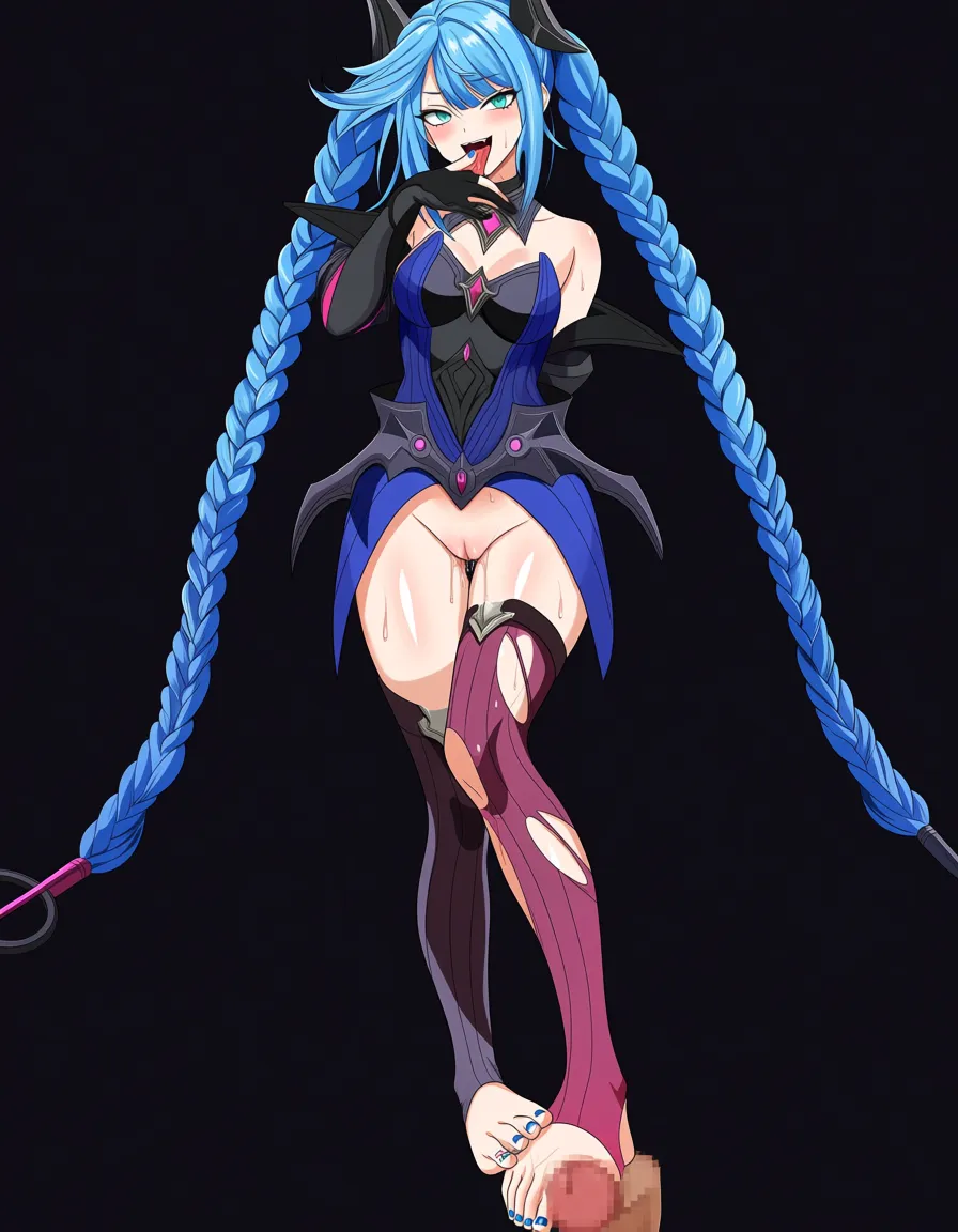 best quality, polished, Jinx Leage of Legends, blue hairm twin_braids torn_clothes, wet pussy, insane, toenail_polish, finger licking, ,feet, footjob, sweat, neon collored grafiti, dinner tabledetailed shading, hentai_studio_quality, hentai_studio_quality