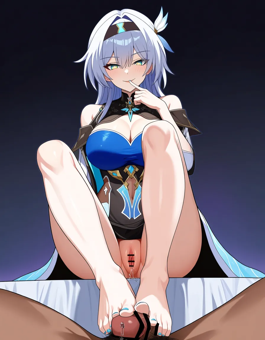 ultra detailed, solo, @kafka_(honkai:_star_rail), feet, footjob, finger_to_mouth, toenail_polish, femdom, pussy, pussy_juice, pussy dripping, cleavage, eroge aesthetic,, hentai_studio_quality, hentai_studio_quality, hentai_studio_quality