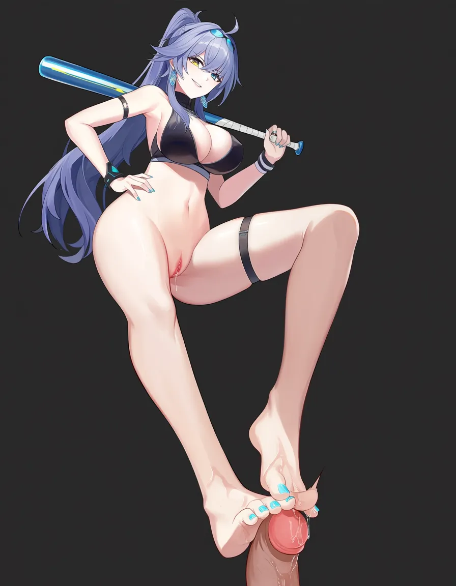 ultra detailed, @stelle_(honkai:_star_rail), feet, baseball bat, toenail_polish, pussy, pussy_juice, pussy dripping, footjob, evil_smile, cleavage, eroge aesthetic, astral express, train,, hentai_studio_quality