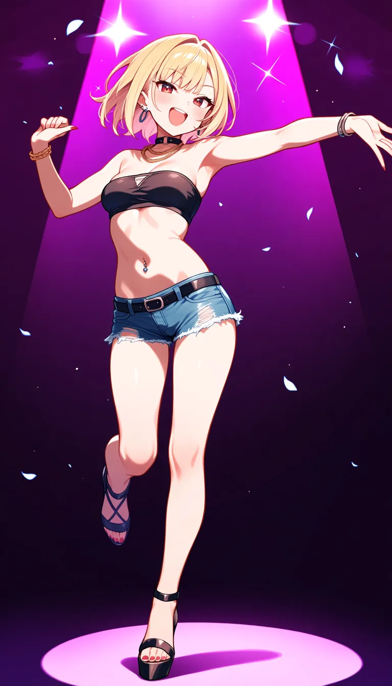 blonde hair, small breasts, open_fly, dancing, smile, tube_top, denim_shorts, navel_piercing, nightclub, see-through_shirt, female_pubic_hair