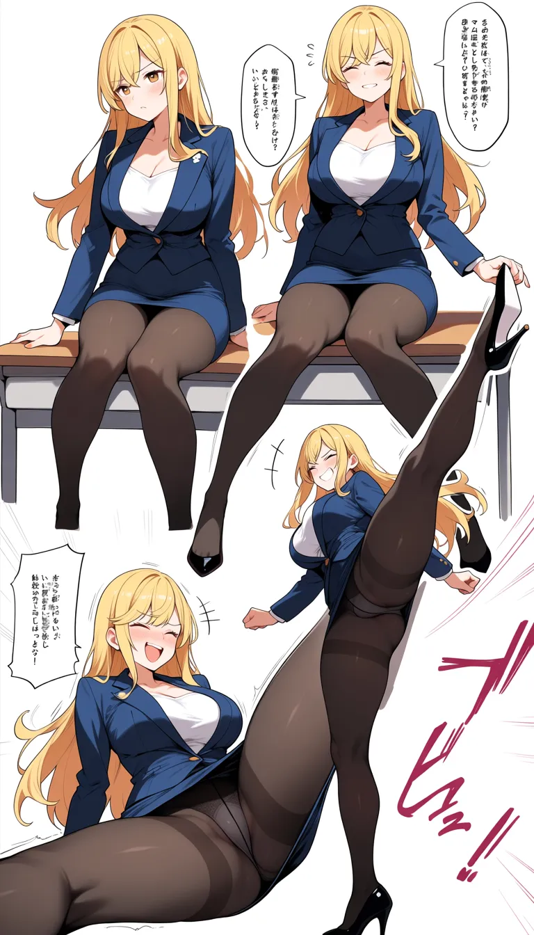 Angry blonde secretary woman in miniskirt and Black pantyhose, without shoes, kicks me in the testicles, and then she laughs.