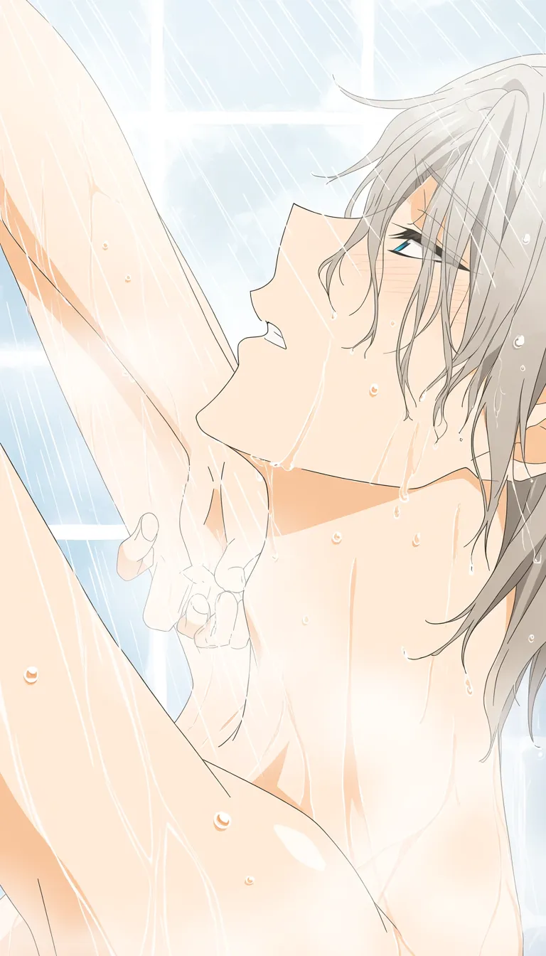 High quality anime style illustration, a young man in a steaming shower, intimate and candid moment of masturbation, droplets of water glistening on skin and hair, translucent steam filling the bathroom atmosphere, soft overhead lighting filtering through water vapor, cinematic composition, close-up shot focusing on expression and physical tension, muted pastel colors with warm skin tones, detailed water textures, wet tiles and frosted glass background, sensual mood, soft focus, 4k resolution, cel-shaded with detailed highlights.