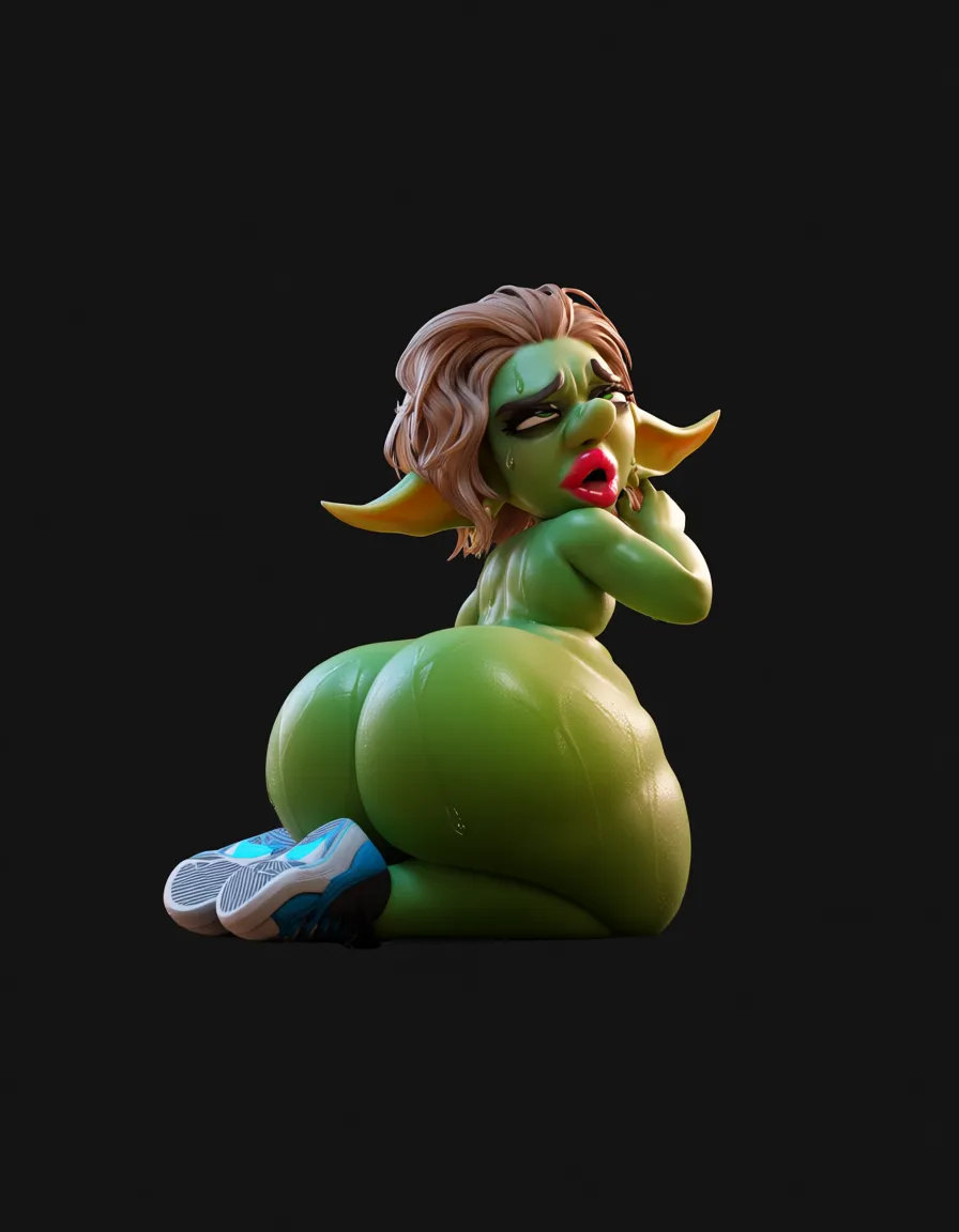 masterpiece, fine detail, goblin, huge_breasts huge_ass shortstack, shoes, kneeling on bed, squirting ahegao lipstick green skin sweat sweatdrop shiny_skin wet, score_9, score_8, 3d render, octane render, subsurface scattering, ray tracing, smooth shading