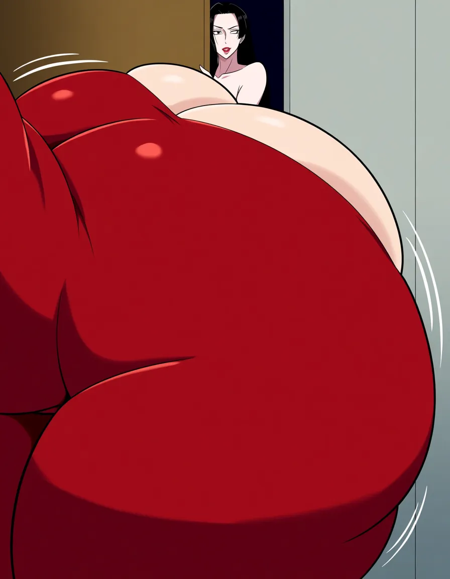 2 mature white females, one is chubby red head and the other woman is slim with black hair, the slim woman is behind a wall peeking at the chubby red head"s huge ass while undressing in a room. Make the red head's ass very huge, hentai_studio_quality