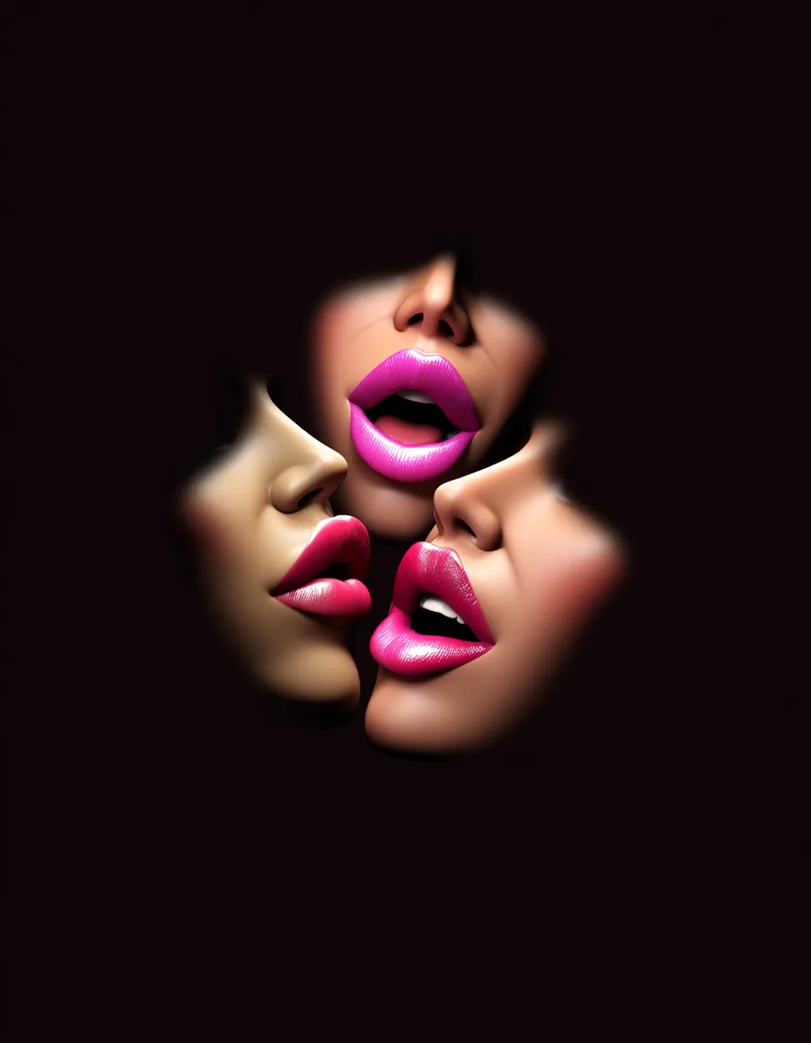 masterpiece, clean art, 3girls with thick_lips lipstick makeup pale_skin exposing_their_mouths and tongues seductively while holding_hands shiny_skin bad breath mouth_fetish saliva_fetish jerkbait, about_to_cheat homewrecker joi,, score_9, score_8, 3d render, octane render, subsurface scattering, ray tracing, smooth shading