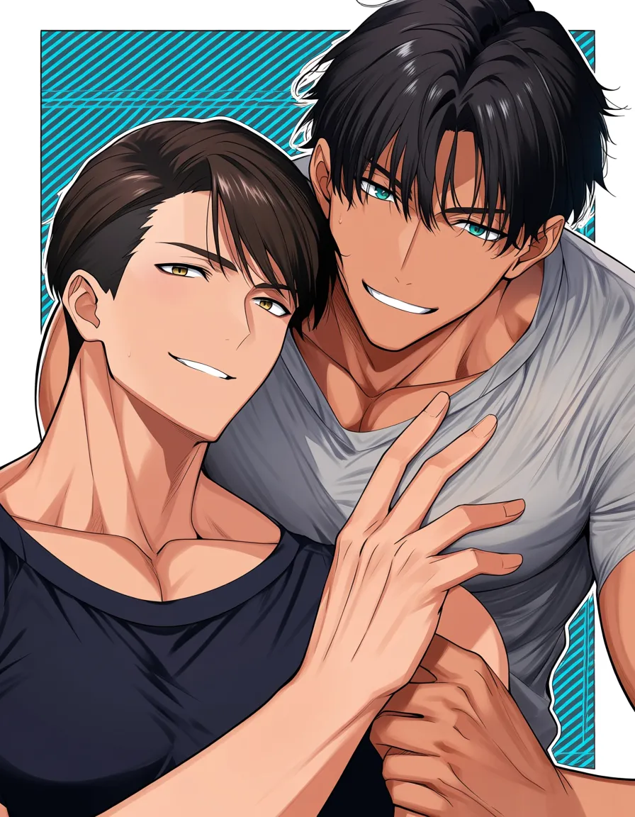 masterpiece, fine detail, couple, presenting, muscular male, visual novel art, hentai_studio_quality
