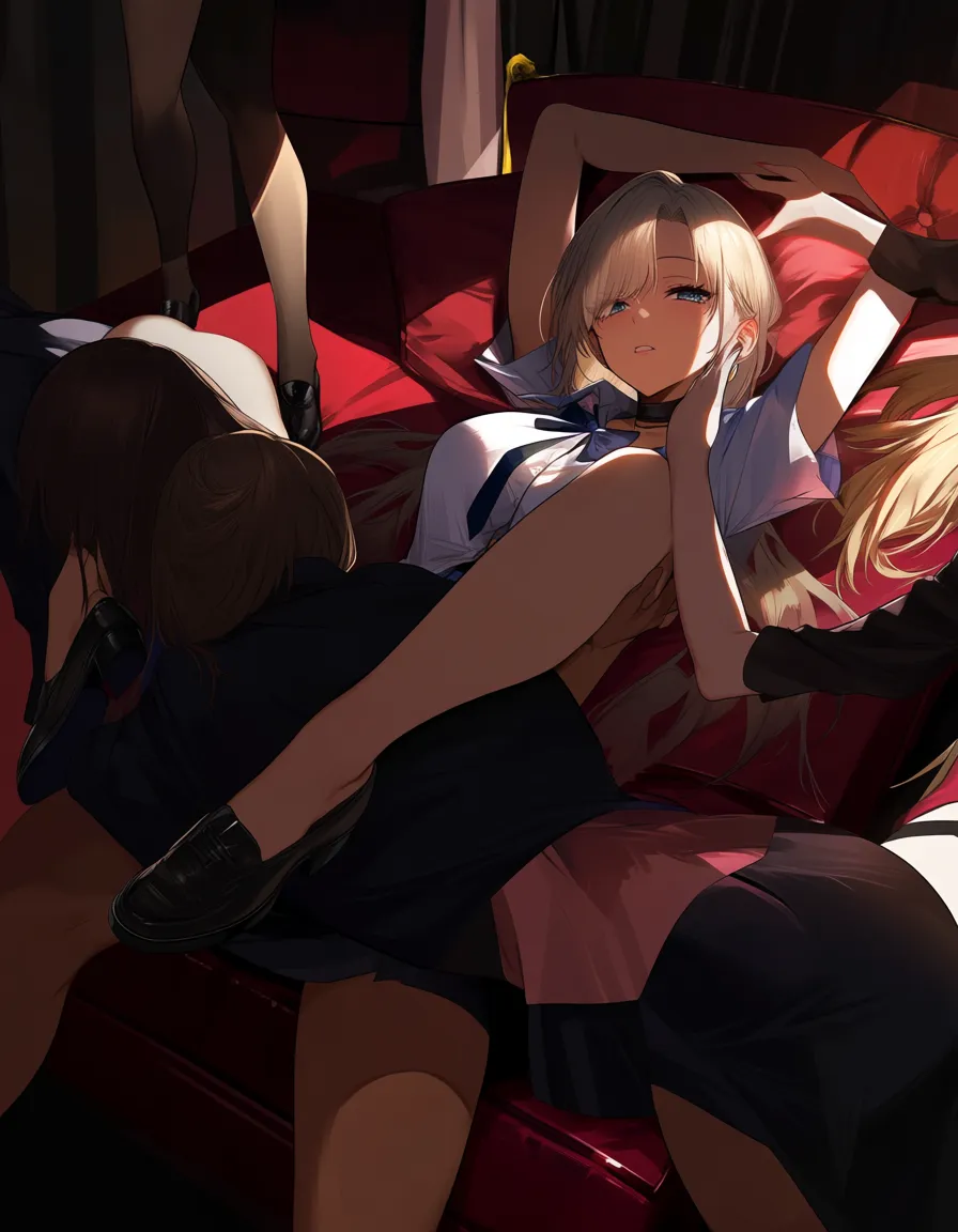 masterpiece, fine detail, 4girls, shoes, missionary, relaxed mood, eroge aesthetic, hentai_studio_quality