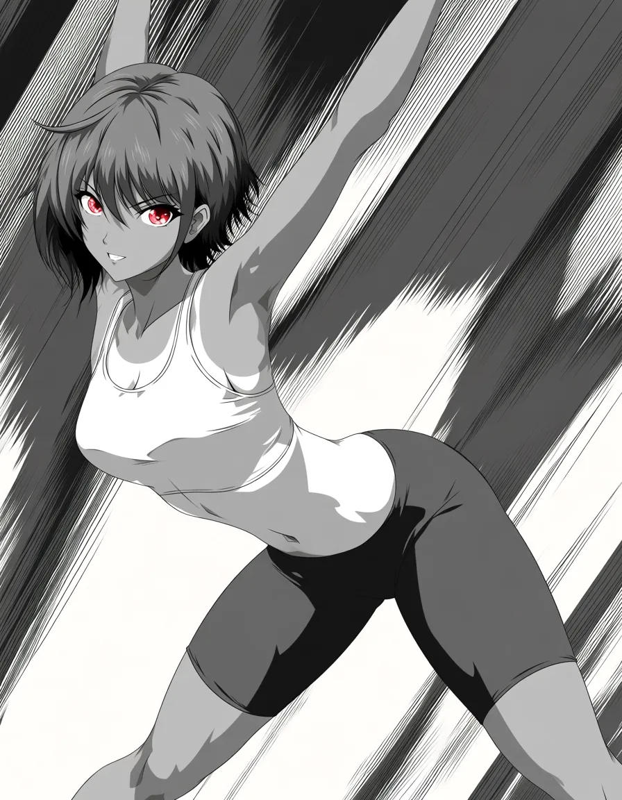 1girl, short_hair, arms_up, small_breasts, tanlines, bike_shorts, greyscale., (anime style:1.3), 2d, anime screencap, cel shading, flat color, @00osamio00